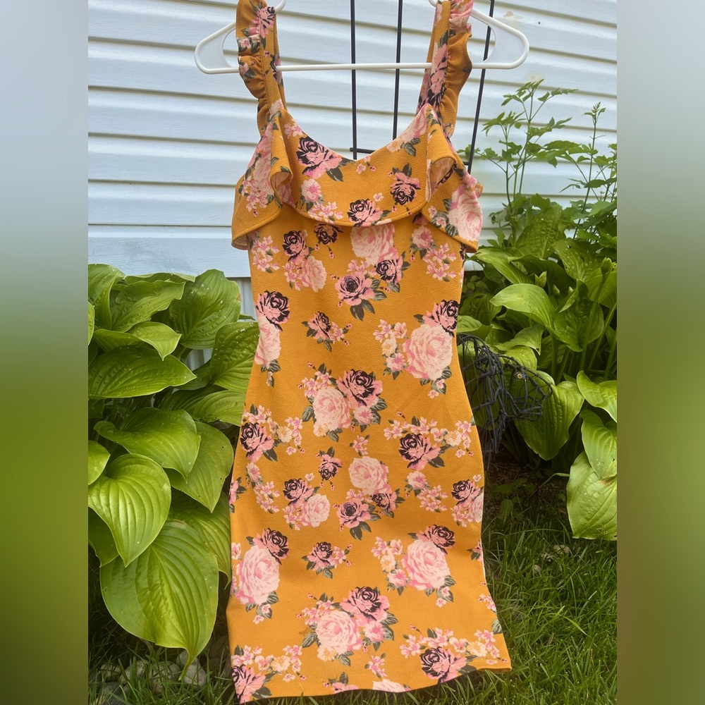 Summer Yellow ruffly strapped shoulder Dress with Pink Rose Detail